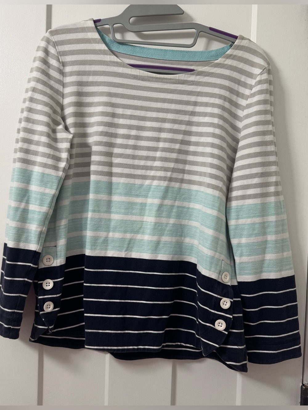 T by Talbots Women’s Top Striped Pullover Nautical Coastal Light Blue Navy MP‎